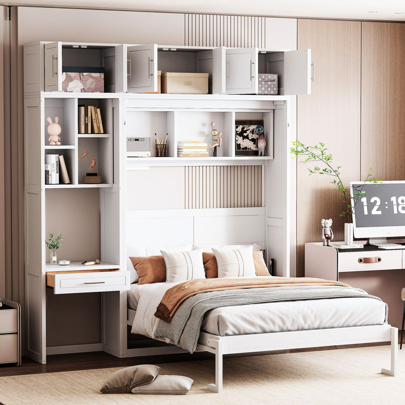 Lit double blanc avec espace de travail intégré et tablettes latérales pour les petites chambres d'amis