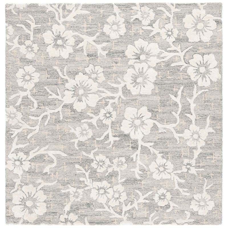 Sirish Hand Tufted Wool/Viscose/Cotton Floral Rug in Ivory/Gray, Square 6'
