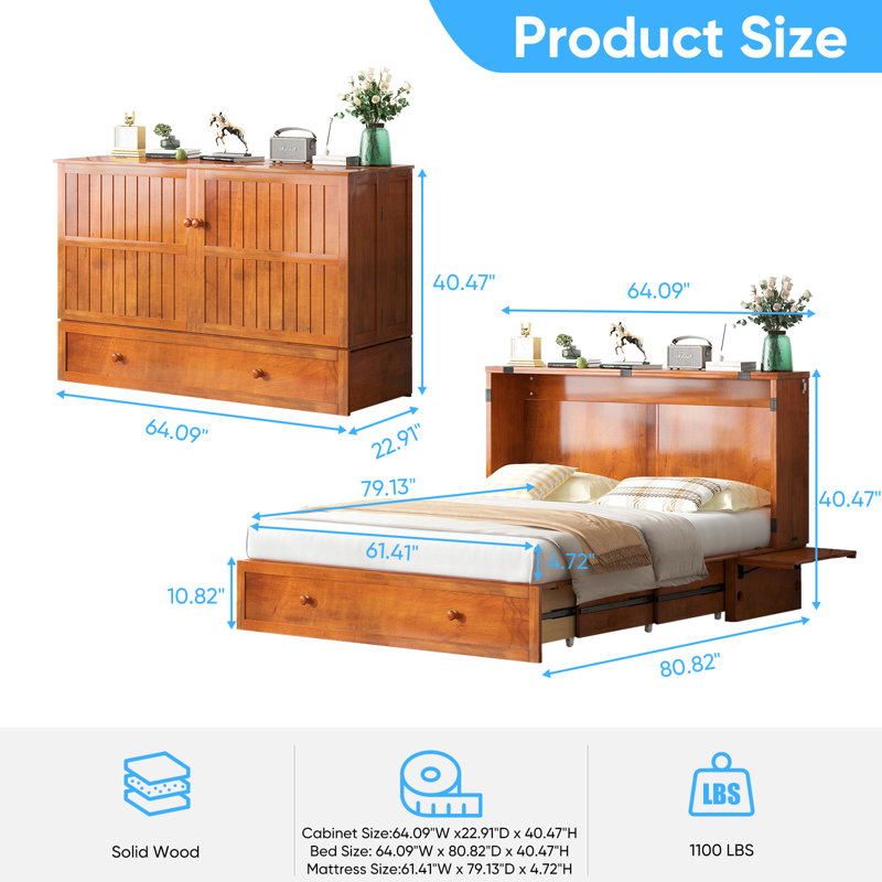Murphy Bed Queen Solid Wood Modern Cabinet, Cherry, Cherry