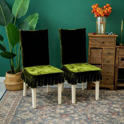 Housses de velours avec garniture à volants, housses de siège de salle à manger extensibles, ensemble de 2 (vert olive)