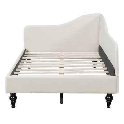 Lit de jour simple en lin en forme de L, avec pieds en bois massif, beige