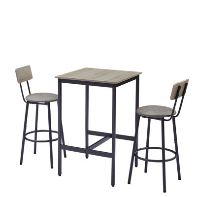 Rustic Bar Table Set With 2 PU Leather Bar Stools
