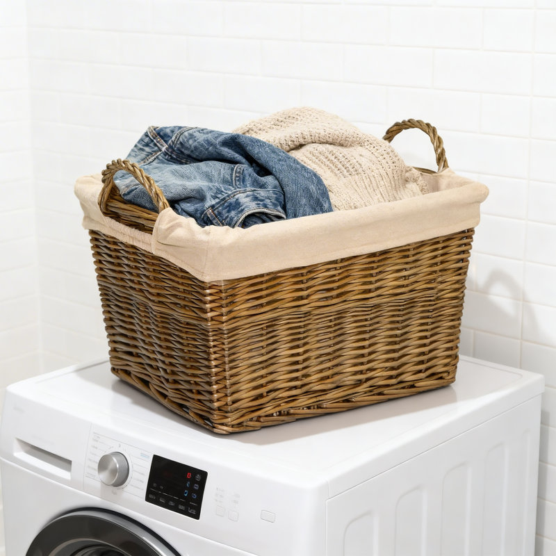 Wicker Laundry Basket with Lining and Handles, 36cm H x 43cm W x 56cm D, Brown