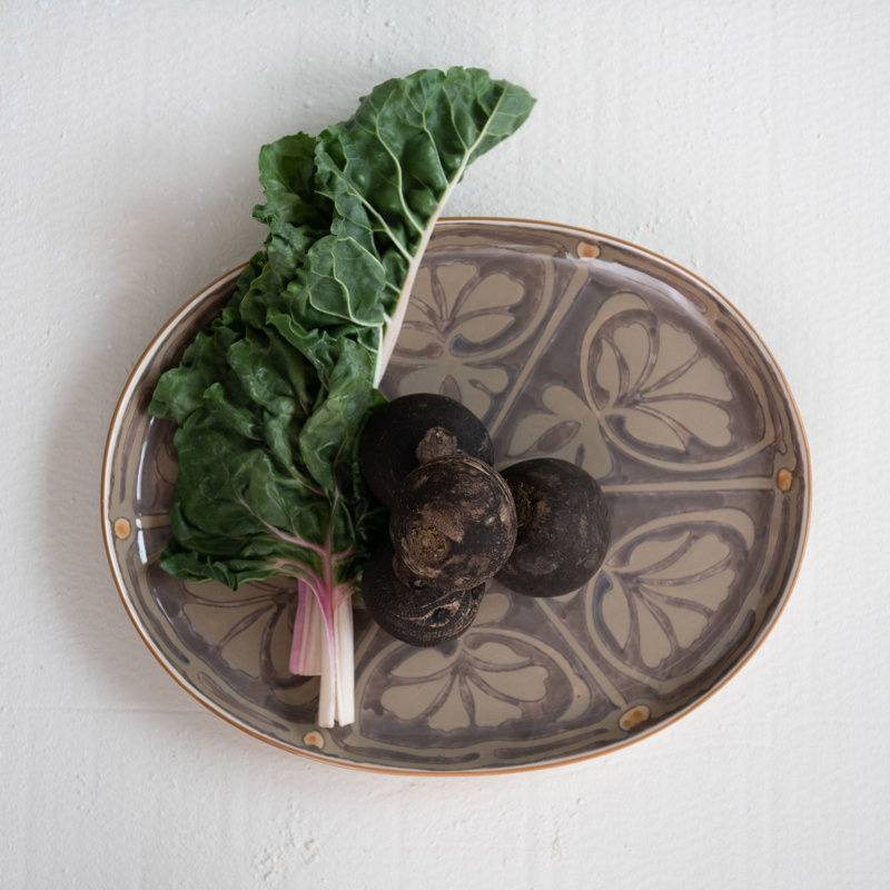 Oval Hand Painted Stoneware Platter With Pattern