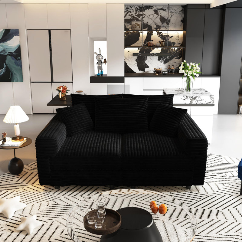 Velours côtelé 3 places de 82,7 po en noir, confort luxueux avec sièges profonds, siège convertible en chaise longue de 82,7 po, rembourré confortable, repose-pieds assortis, éponge à haute densité, support à ressort, stable de 750 lb