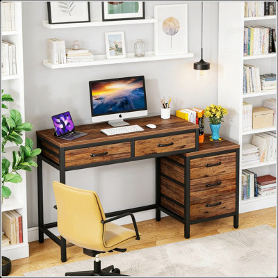 Industrial Style Office Desk with 2-Drawer Computer Desk and 3-Drawer File Cabinet, Maximizing Workspace and Storage in Small Rooms.