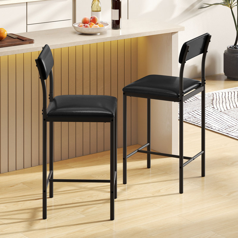 Set of 2 Industrial Bar Stools with Padded Seat and Back, Black