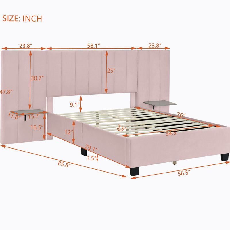 Anyston Upholstered Platform Bed, Full, Pink