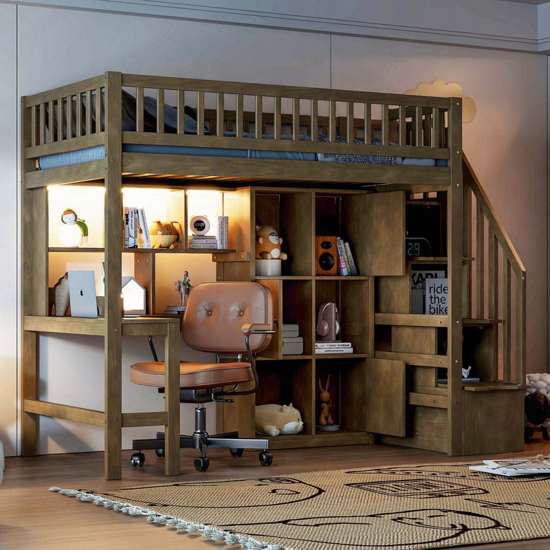 Lit mezzanine simple en bois avec bureau intégré, DEL, tablettes de rangement, armoires et escalier, noyer, Noyer