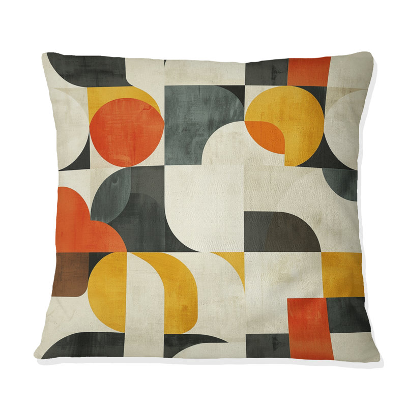 Coussin jaune et rouge à motif géométrique Midcentury, H 18 po x l 18 po