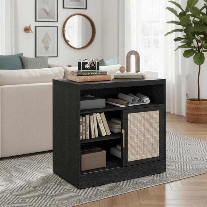 32'' Rattan Sliding Door Lateral File Cabinet With Adjustable Shelves For Home Office, Rattan, Natural Wood