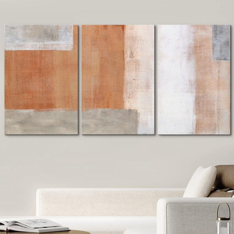 Grunge Abstract Paint Stroke Effect " Brown & Gray Geometric Color Blocks Abstract Shapes Modern Art Chic Ultra " 3 - Pieces