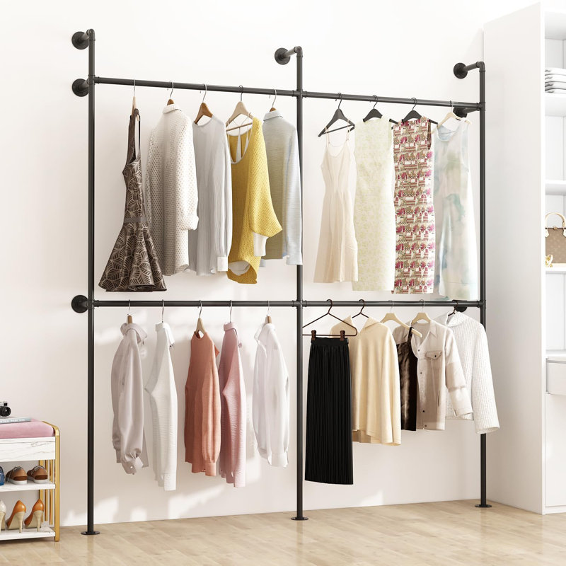 Industrial Pipe Clothing Rack Heavy Duty Metal Garment Rack With Double Hanging Rods Wall Mounted Space Saving Clothes Display Rack