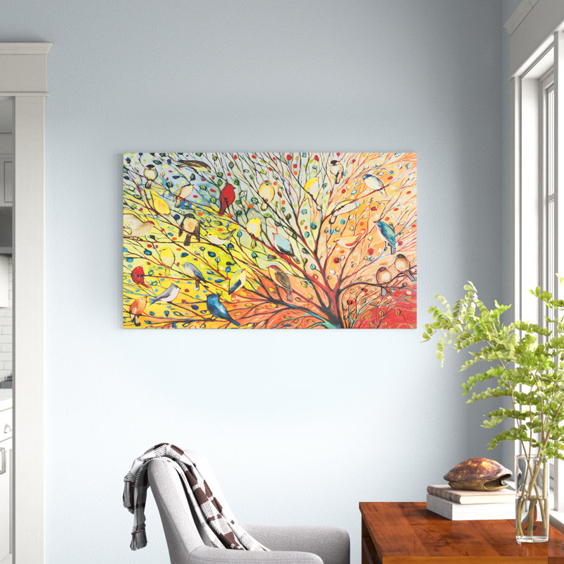 27 oiseaux par Jennifer Lommers, reproduction sur toile tendue, H 24 po x l 40 po x P 1 po