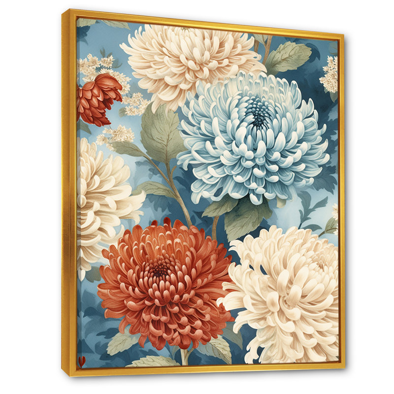 Symphonie de chrysanthèmes blancs et bleus - impression, H 32 po x l 24 po x P 1 po, Cadre flottant doré