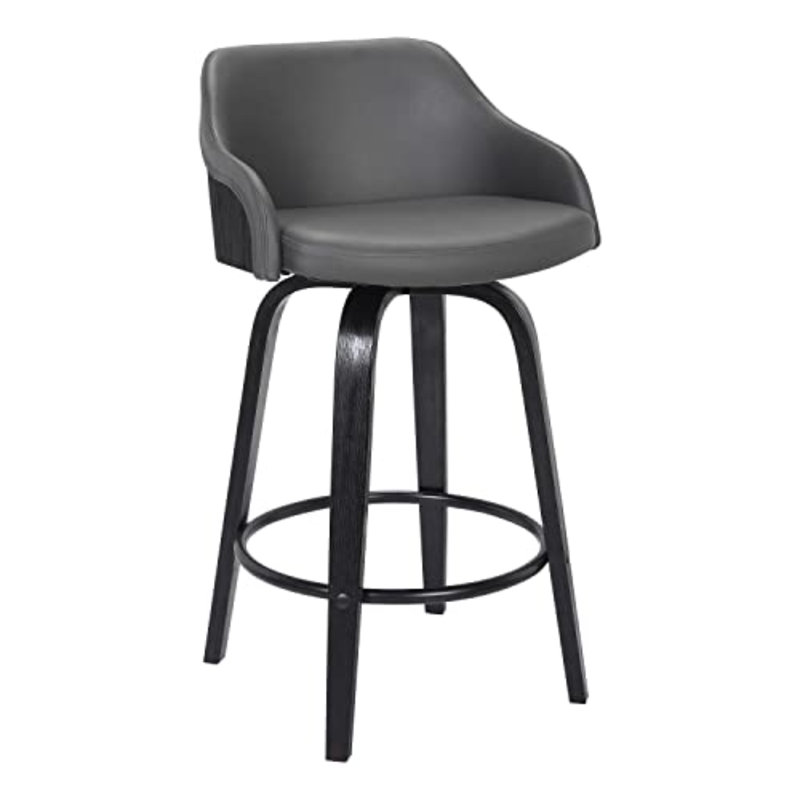 Aiken Swivel Counter or Bar Height Bar Stool with Arms in Faux Leather, Plywood and Metal Footrest, Grey Faux Leather, Black