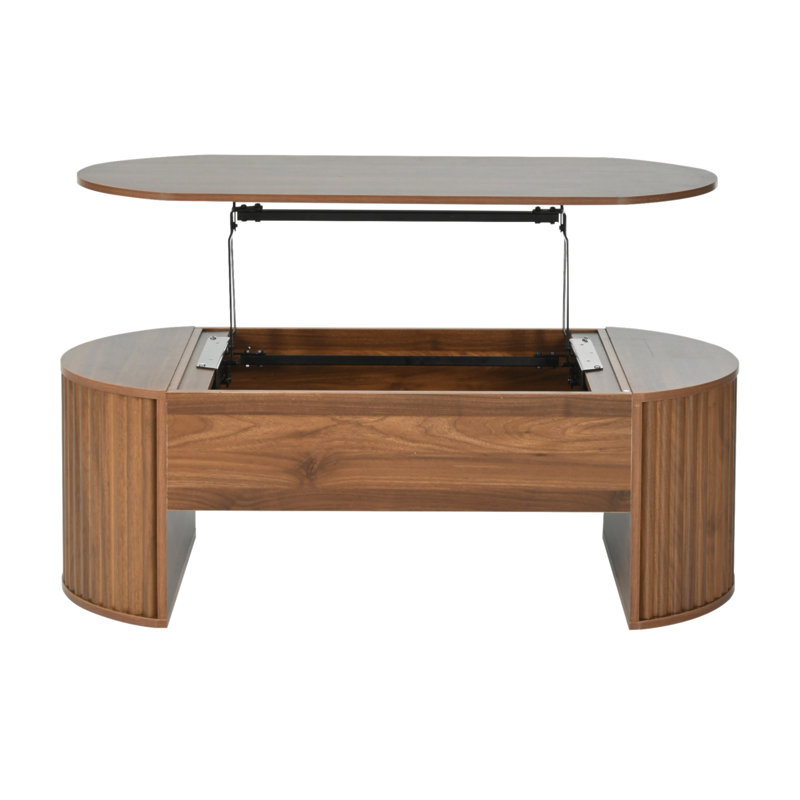 Table basse relevable avec compartiments cachés, plateau relevable ovale moderne, Noyer