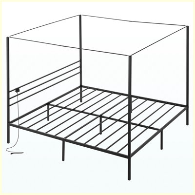King Size Metal Canopy Bed Frame with Charging Station, Black