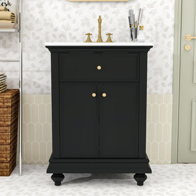 24" Bathroom Vanity with Ceramic Basin, Tip-Out Storage Drawer, Adjustable Shelf and Soft-Close Doors