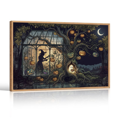 «Witch Silhouette and Ghost lecture en citrouille», art mural sur toile