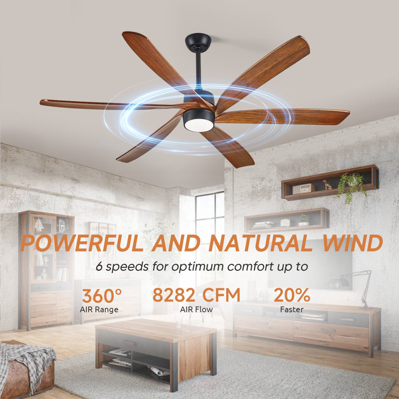 6 Blade Solid Wood Ceiling Fan With Light,modern Decorative Design, 60"