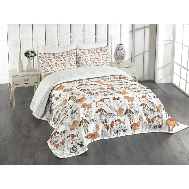White Quilted Queen Bedspread Set with Dog Print