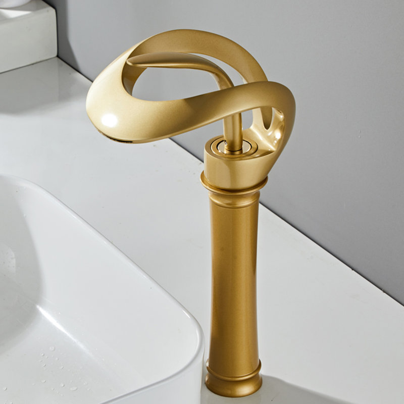 Creative Hollowed Bathroom Vessel Faucet Dark Gold Waterfall Spout Single Lever One Hole Tall Body Brass, Brushed Gold