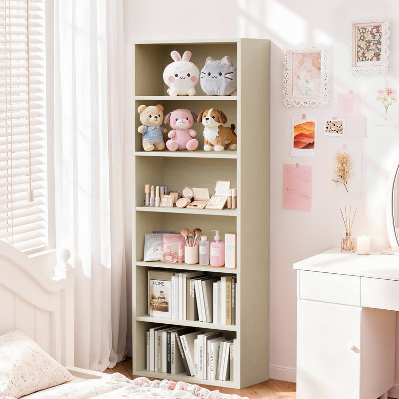 6-Shelf Corner Bookcase,Sturdy Red Storage for Home Office,Living Room, Beige