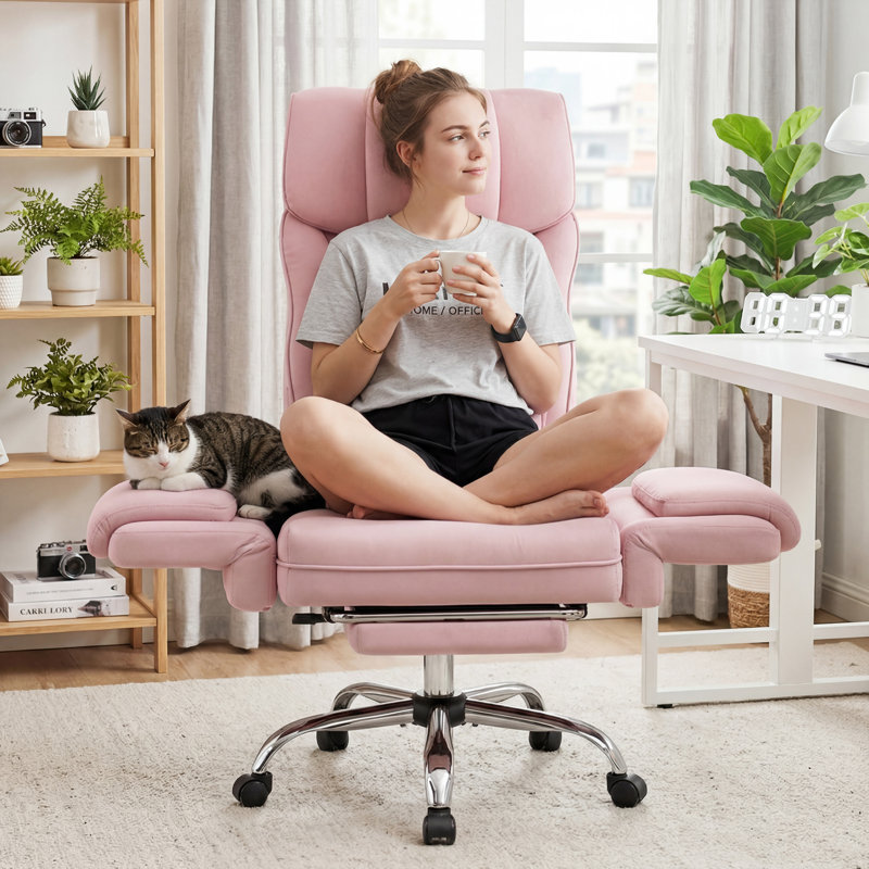 Executive Ergonomic Velvet Office Chair with Flip Up Armrests, Pink