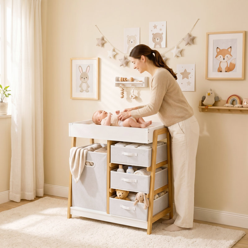 AIYAPLAY Baby Changing Table with 3 Drawers, Basket, Waterproof Pad