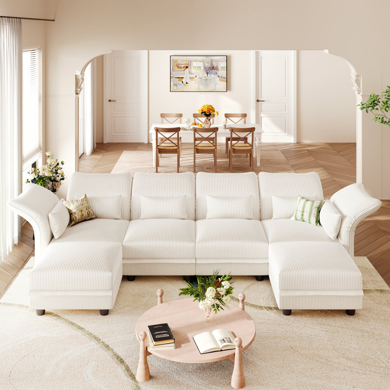 U-Shaped Upholstered Modular Sectional Sofa With Storage, 6 Seat  Corduroy  Couche With Adjustable Arms Backs,Plush Supportive Cushions, Beige