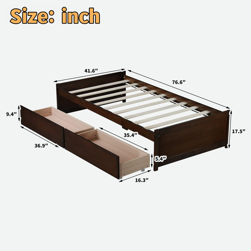 Lit à design minimaliste avec 2 tiroirs, Espresso