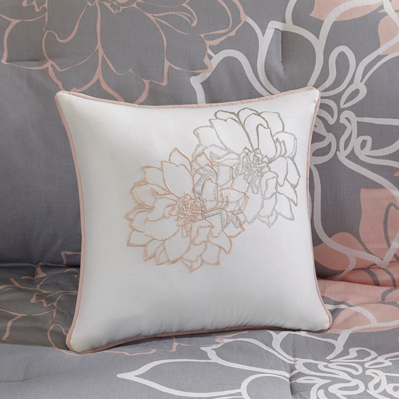 Édredon pour très grand lit en coton imprimé gris / pêche - édredon, 15 po, coussins décoratifs élégants avec détails
