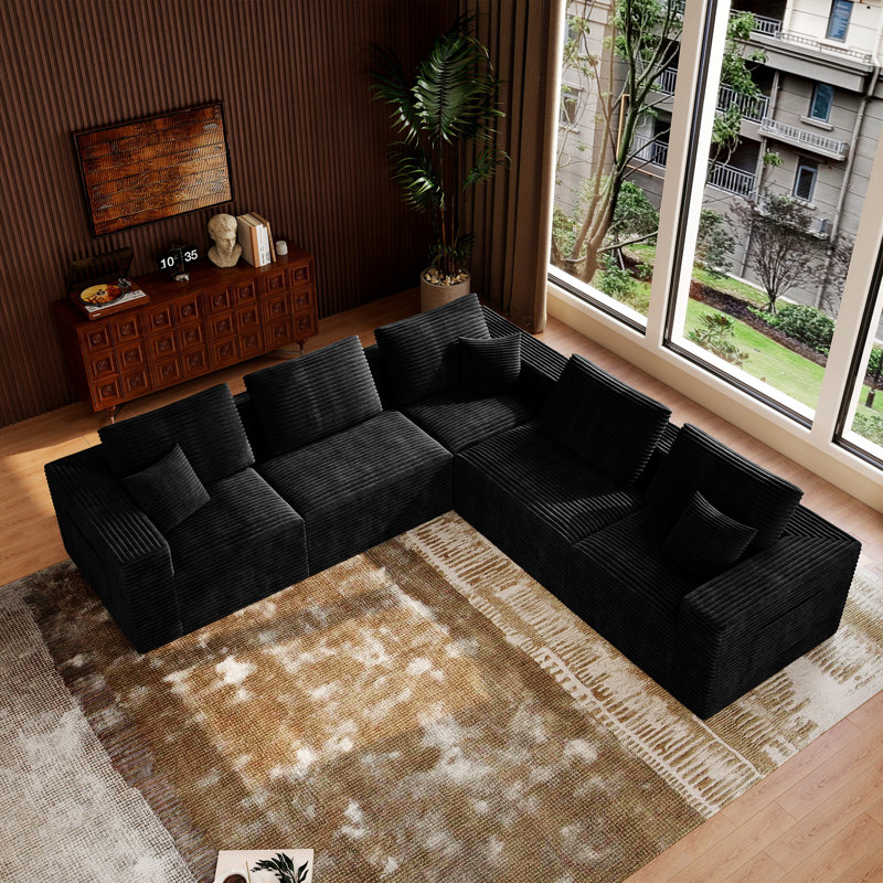 Boneless Abdou 106.2" L-Shaped Compression Sectional Sofa With Chaise, Corduroy Cloud Couch, Black Corduroy