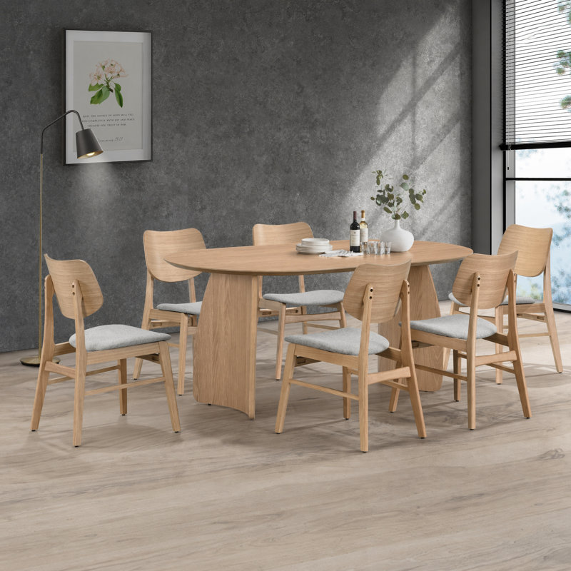 Amber Oval Solid Wood Dining Set, 7 Pieces: Table, 6 Chairs, Walnut
