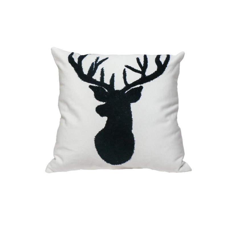 Coussin de Noël en coton 20x20 "avec motif de tête de cerf en noir et naturel, 18 po x 18 po