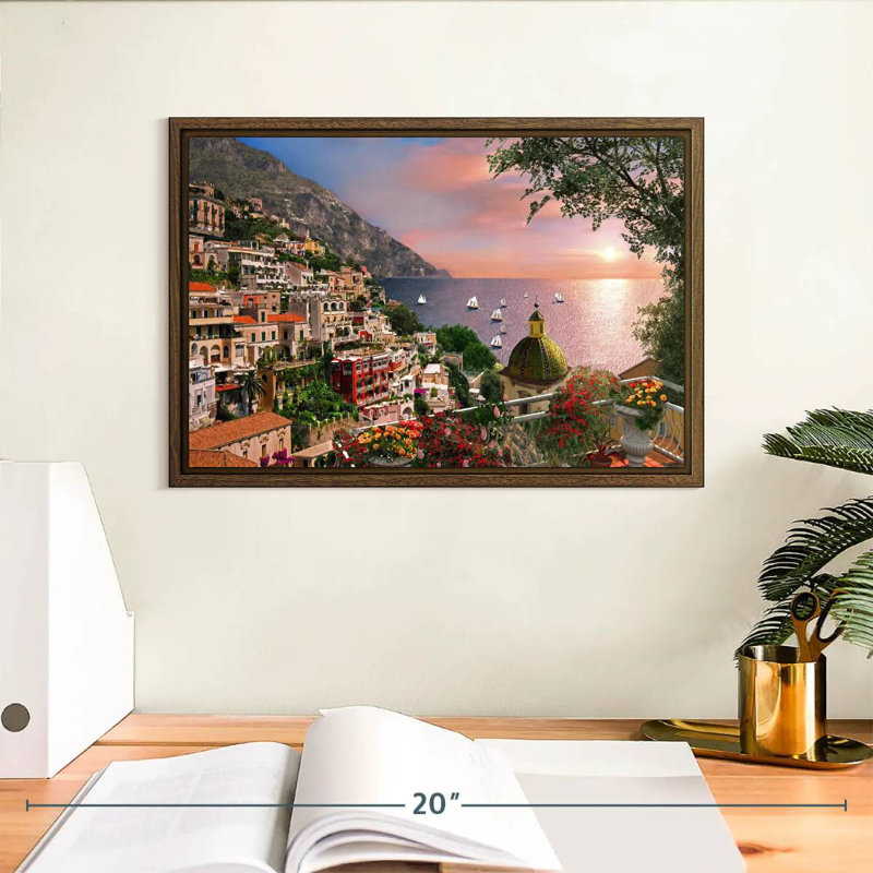 Bord de mer Positano, 13 po x 9 po, Cadre flottant noyer