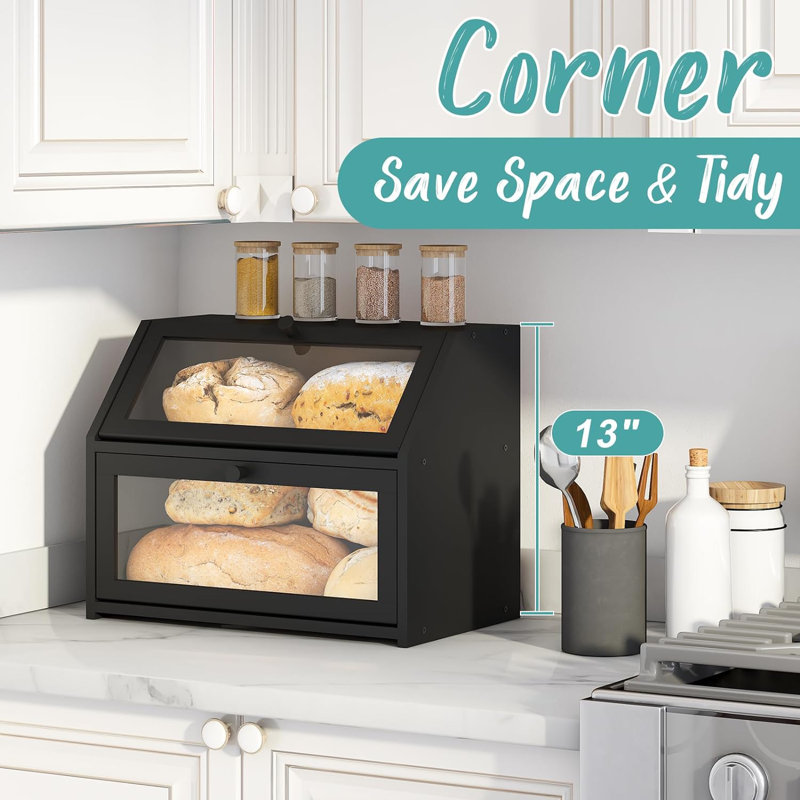 Black Bamboo Double Layer Bread Storage Box with Acrylic Panels