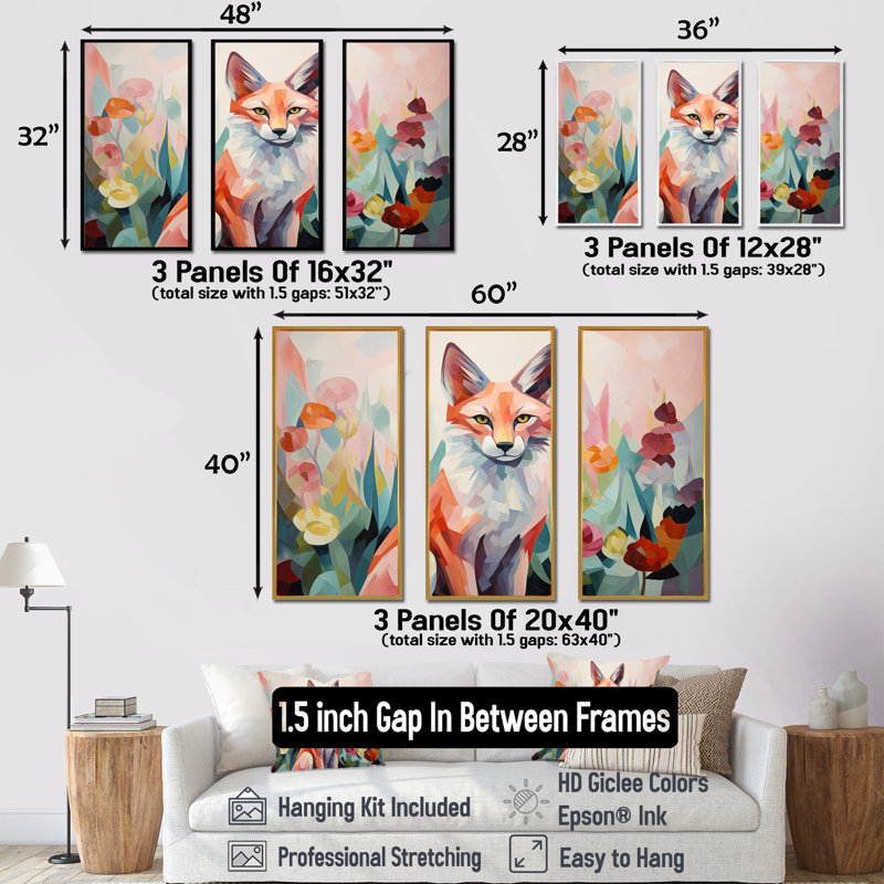 Art mural orange et renard rose dans le style Mattie I - renard, Cadre flottant doré, H 40 po x l 61 po