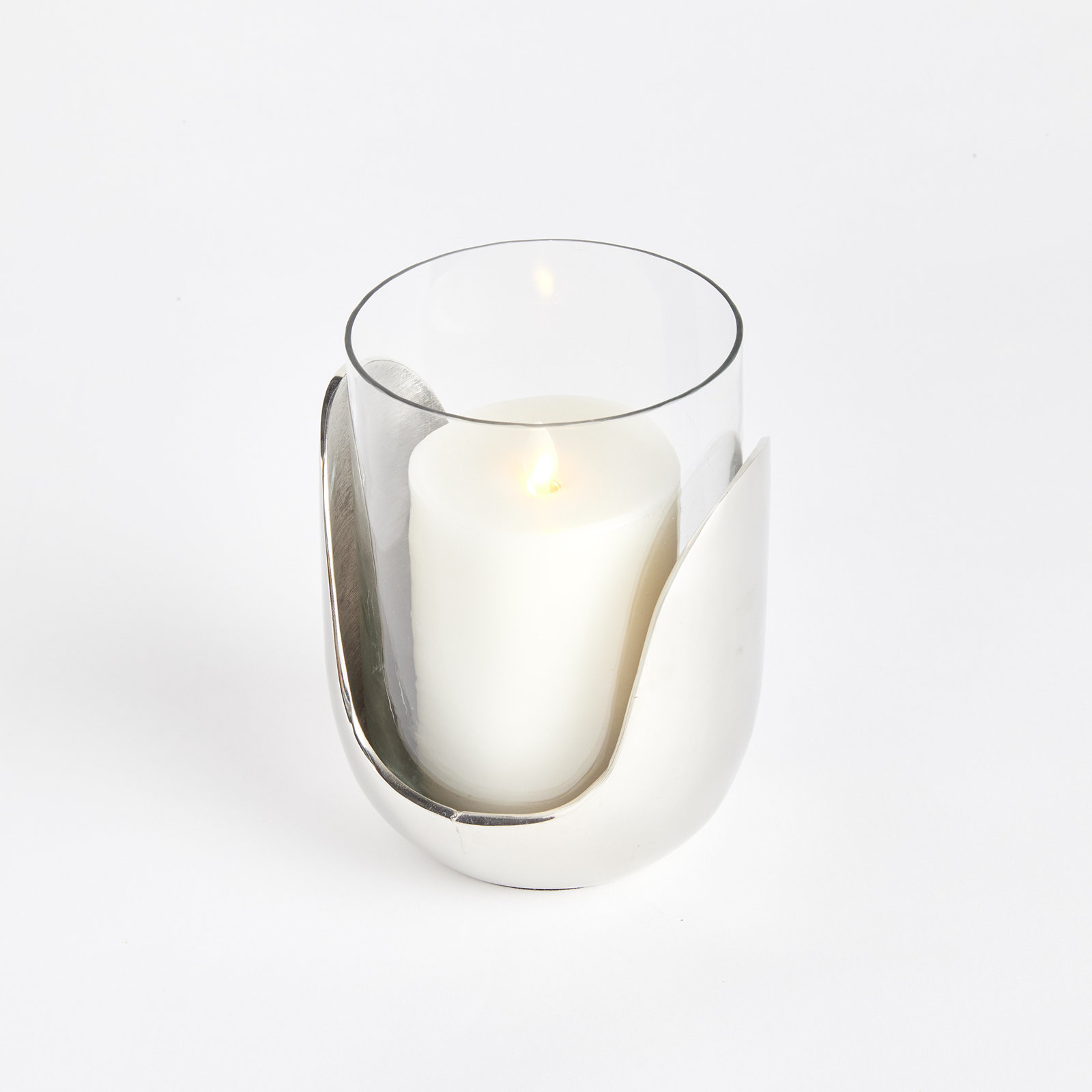 Glass Hurricane Candle Holder, 7" H x 5.5" W x 5.5" D, Silver