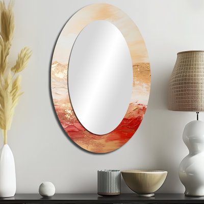 Gold And Red Soft Wave Fusion I - Large Oval Wall Mirror On Metal