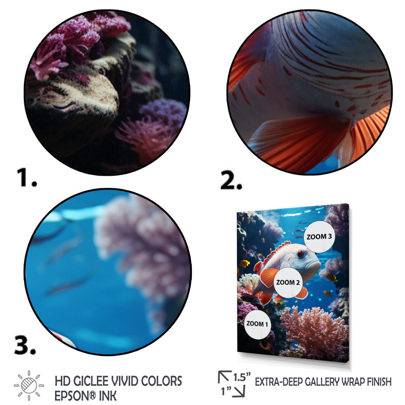 " Orange Blue Marine Animals Underwater Symphony ", 40" H x 30" W x 1.5" D, White Floater Frame
