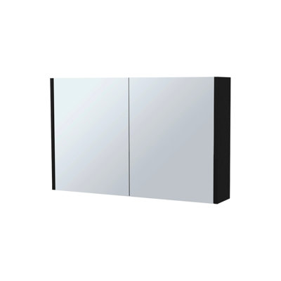 Armoire moderne noire pour salle de bain avec 2 portes en miroir et 3 tablettes de rangement