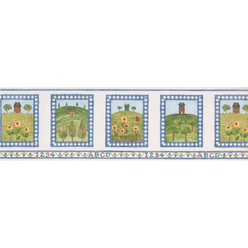 Christofer photos de la maison sur la colline, arbres, tournesols, bordure murale, Blanc