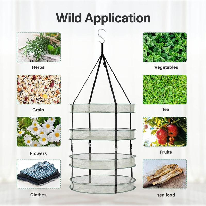 Séchoir à linge pliable suspendu à 4 couches pour 4 pieds avec anneaux robustes et sac de transport, pour plantes, graines et bourgeons, vert, paquet de 2