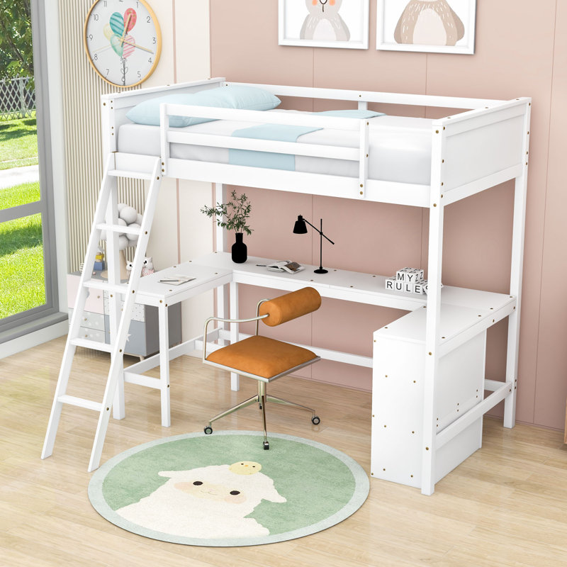 Twin Size Loft Bed With Desk And Bookshelves, White