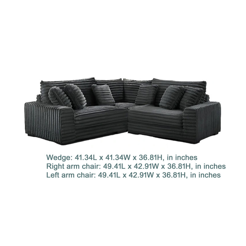 Ezo 3Pc Modular Sectional Sofa Set, 6 Pillows, Black Ribbed Polyester, Charcoal Black Polyester Blend