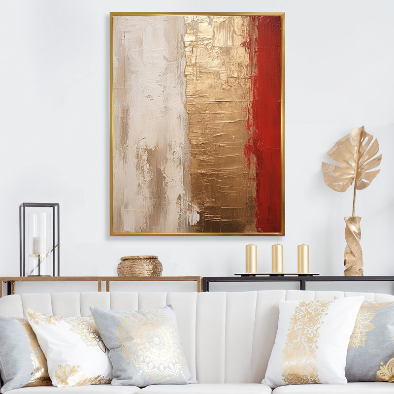 Pleine lune rédempte abstraite or et rouge I - peinture abstraite, art mural, 44" H x 34" W, Cadre flottant doré