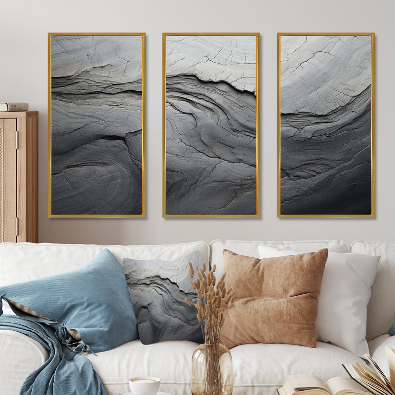 «Gray and White Stone River III - Abstract», reproduction d'art murale, Cadre flottant doré, H 28 po x l 36 po x P 1 po