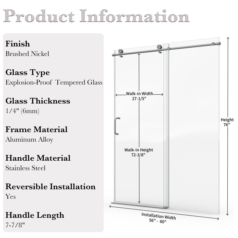 56" - 60" W X 76" H Single Sliding Frameless Shower Door With 1/4" (6Mm) Tempered Glass, Brushed Nickel